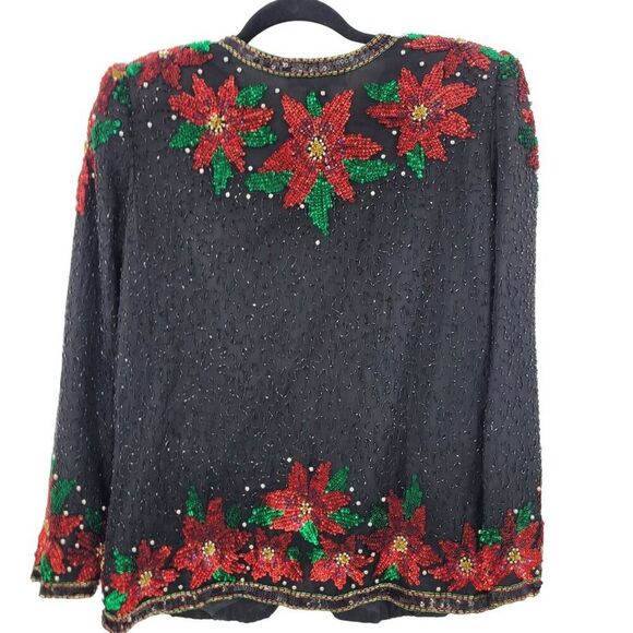Vtg 80s Black Silk Red Poinsettia Beaded Jacket Cardigan Sz S Christmas Holiday - Picture 2 of 10